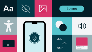 a colourful graphic with various accessibility icons including the letter A, a button with a label of “button,” a colour from Fanatic’s brand palette called “bubblegum pink” with he hex code #D8356A, and some HTML tags for headings and paragraphs.