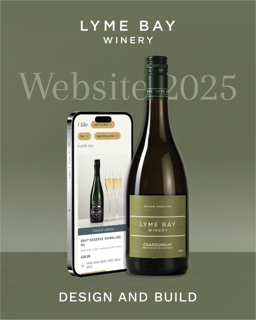 A green bottle of Lyme Bay Winery Chardonnay stands beside a smartphone displaying a wine shop page, against an olive background with the text 