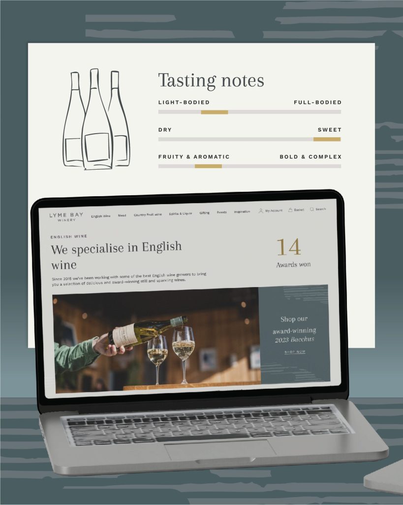 A laptop displays a website for Lyme Bay Winery’s fruit wines, featuring images of bottled drinks and citrus fruits. The background includes abstract line drawing of three bottles of wine.