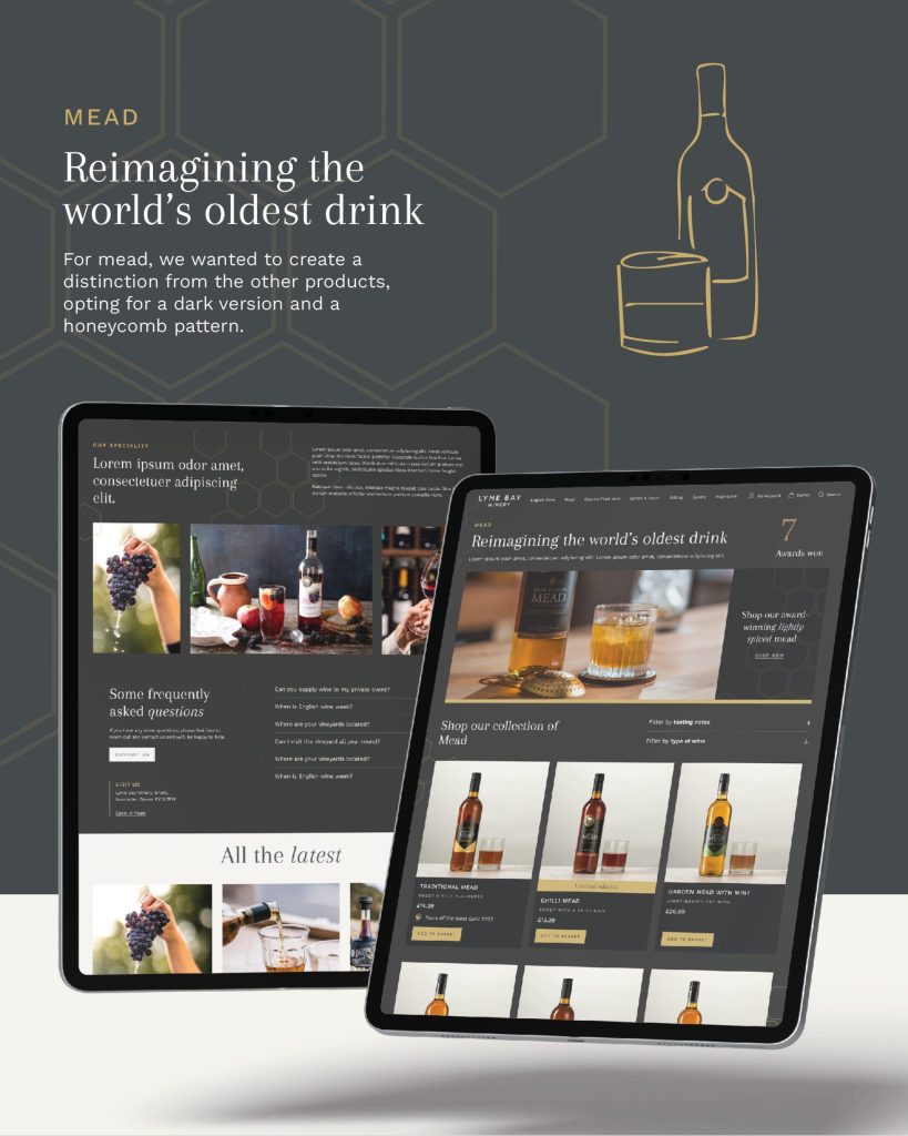 Two tablets display a dark themed mead website. The background features a honeycomb pattern and a gold line drawing of a wine bottle and glass.