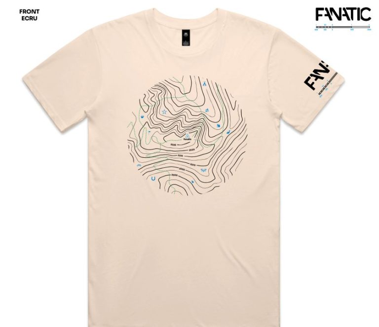 A light coloured short sleeve tshirt with a circular topographic map design in the centre. The word 