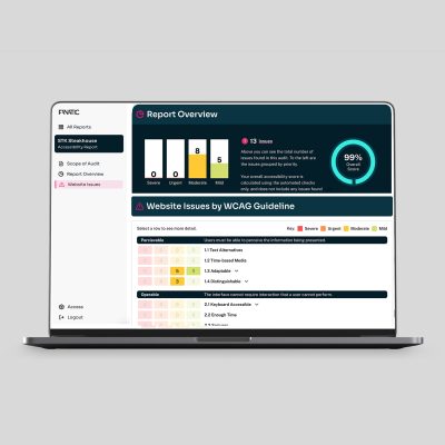 An open laptop that is displaying an accessibility report on the screen. There are multiple metrics, providing an overview of the report.